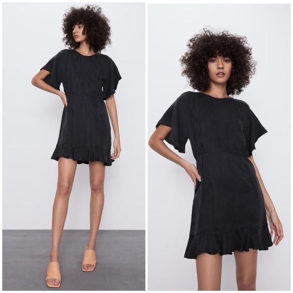 Zara Women's Flutter Ruffle Sleeve Mini Dress Black Size L NWT - Picture 1 of 9